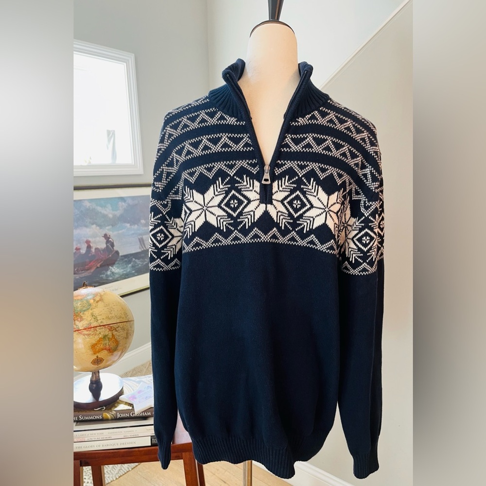 WEATHERPROOF  VINTAGE 1948 Sweater Nordic Fair Isle 1/4 Zip Navy/White